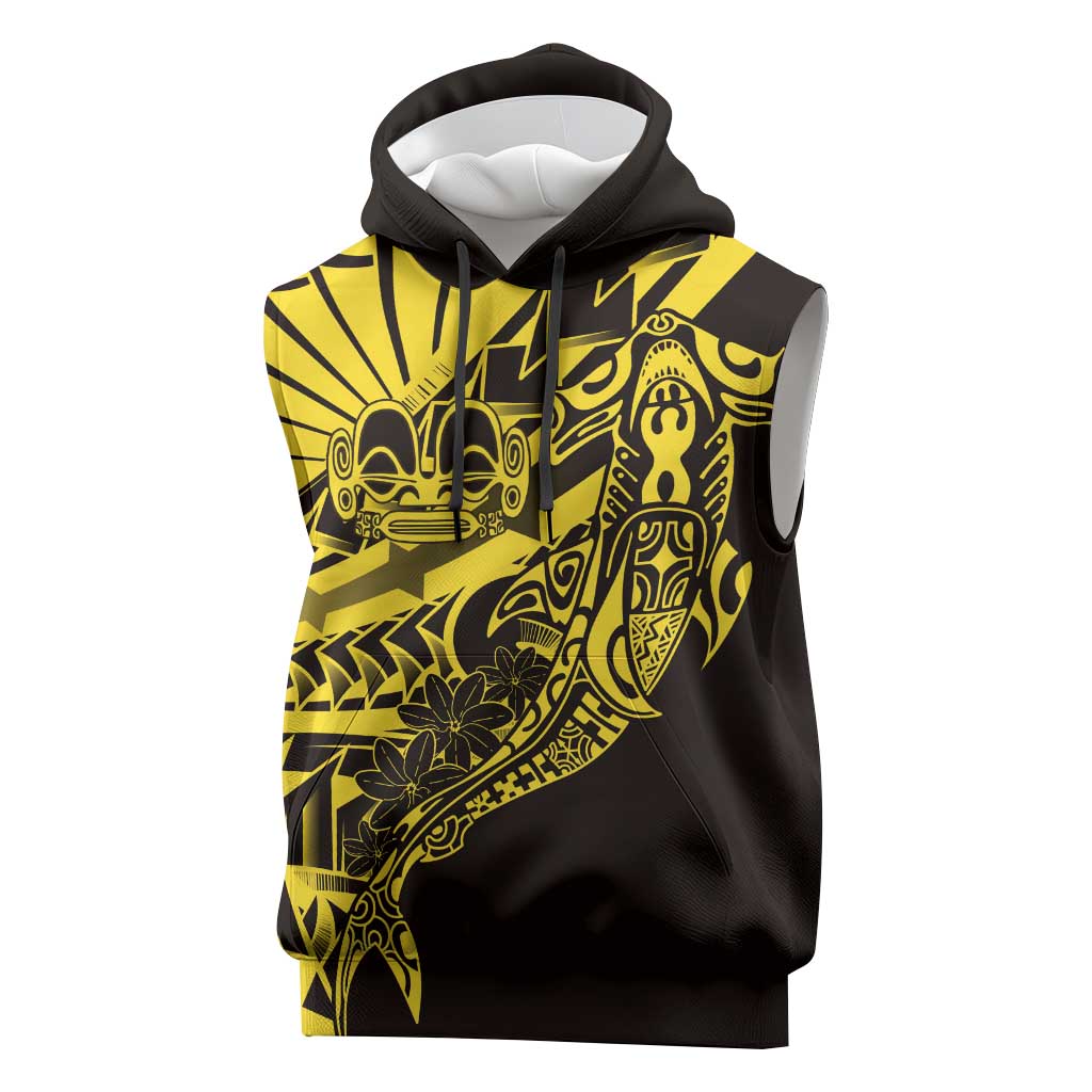 Yellow Marquesas Islands Sleeveless Hoodie Marquesan Matatiki Hammerhead Shark Patutiki - Polynesian Pride