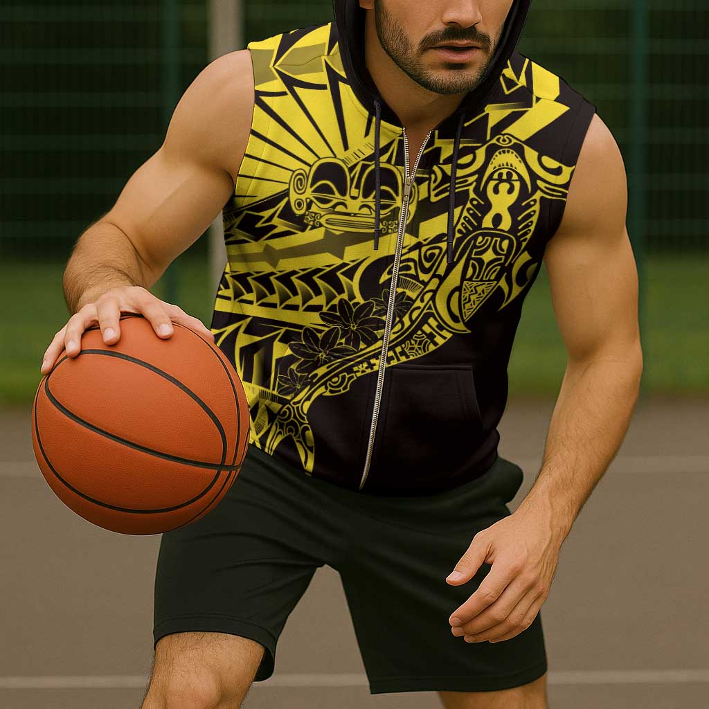 Yellow Marquesas Islands Sleeveless Zip Hoodie Marquesan Matatiki Hammerhead Shark Patutiki - Polynesian Pride