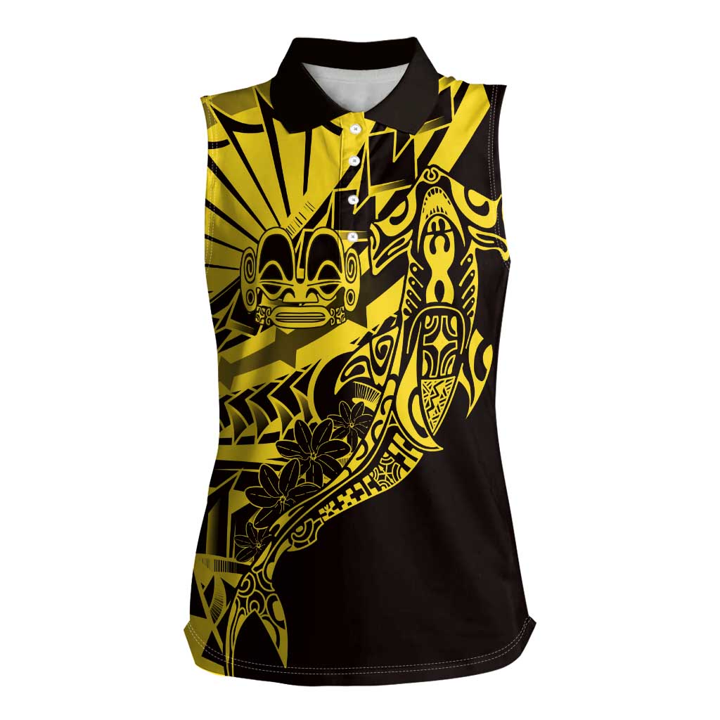 Yellow Marquesas Islands Women Sleeveless Polo Shirt Marquesan Matatiki Hammerhead Shark Patutiki - Polynesian Pride