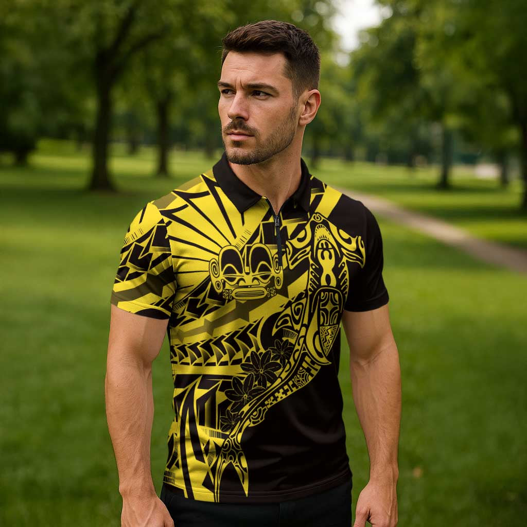 Yellow Marquesas Islands Zipper Polo Shirt Marquesan Matatiki Hammerhead Shark Patutiki - Polynesian Pride
