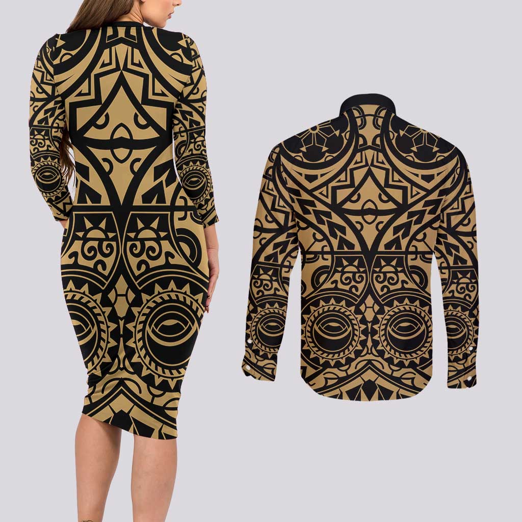 Austral Islands Couples Matching Long Sleeve Bodycon Dress and Long Sleeve Button Shirt Tuhaa Pae Penu Stars Necklace Gold - Polynesian Pride