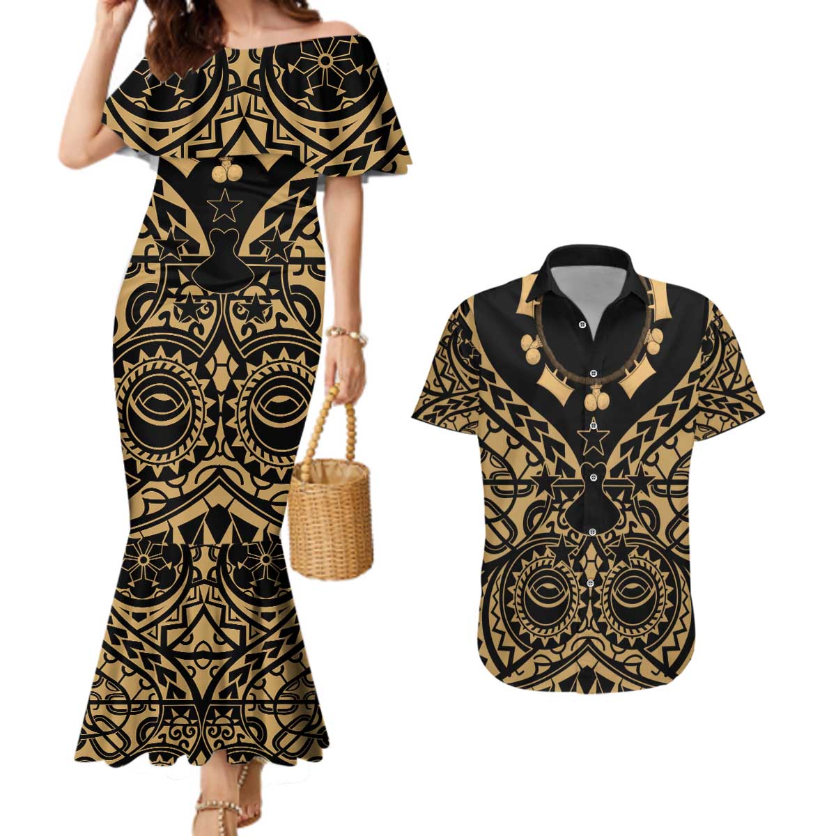 Austral Islands Couples Matching Mermaid Dress and Hawaiian Shirt Tuhaa Pae Penu Stars Necklace Gold LT14 Gold - Polynesian Pride