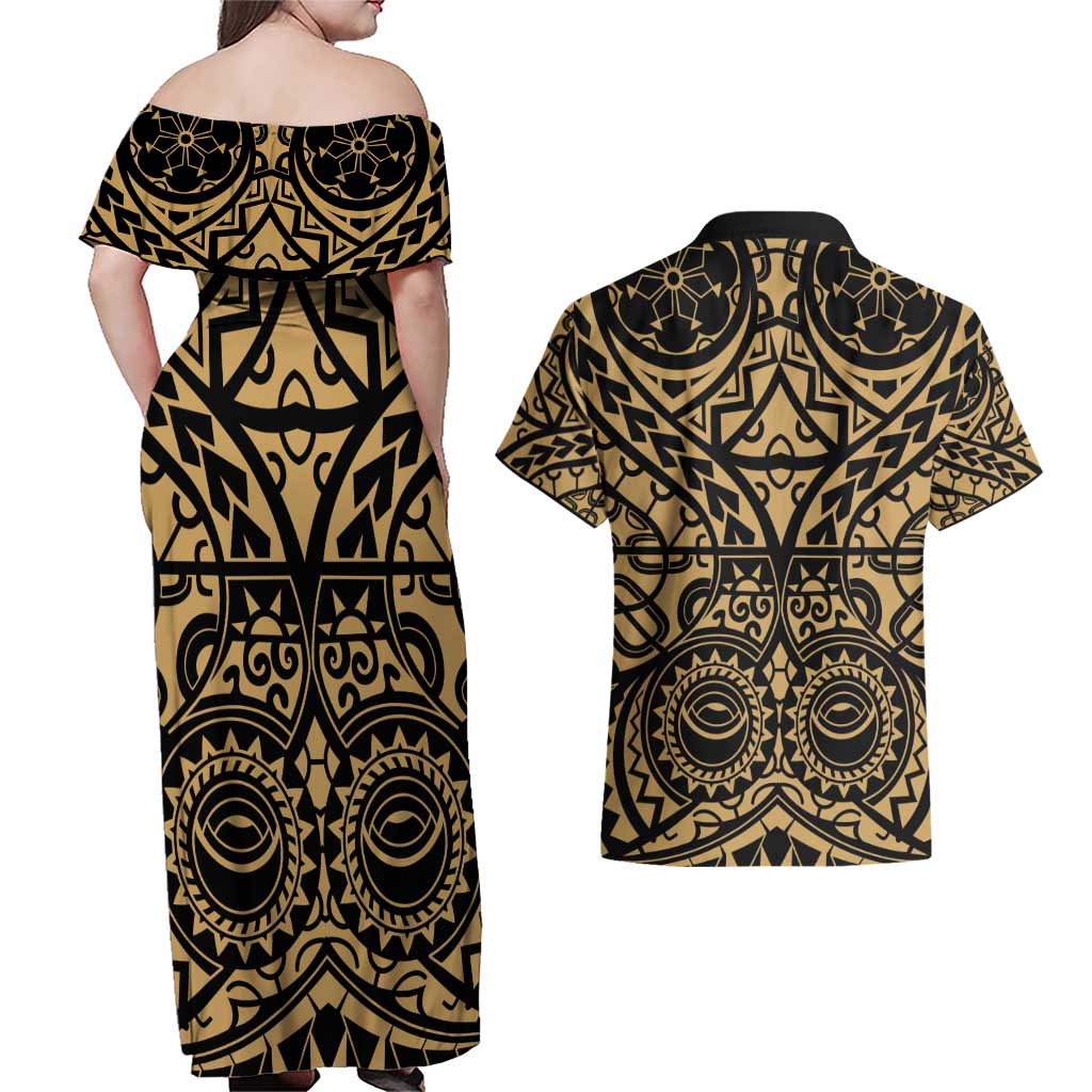 Austral Islands Couples Matching Off Shoulder Maxi Dress and Hawaiian Shirt Tuhaa Pae Penu Stars Necklace Gold LT14 - Polynesian Pride