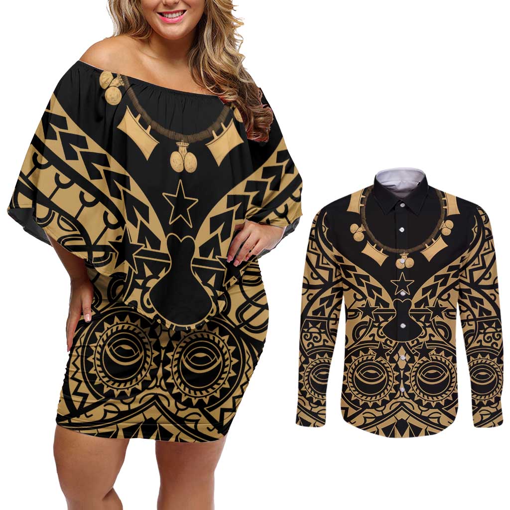 Austral Islands Couples Matching Off Shoulder Short Dress and Long Sleeve Button Shirt Tuhaa Pae Penu Stars Necklace Gold - Polynesian Pride