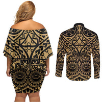 Austral Islands Couples Matching Off Shoulder Short Dress and Long Sleeve Button Shirt Tuhaa Pae Penu Stars Necklace Gold - Polynesian Pride