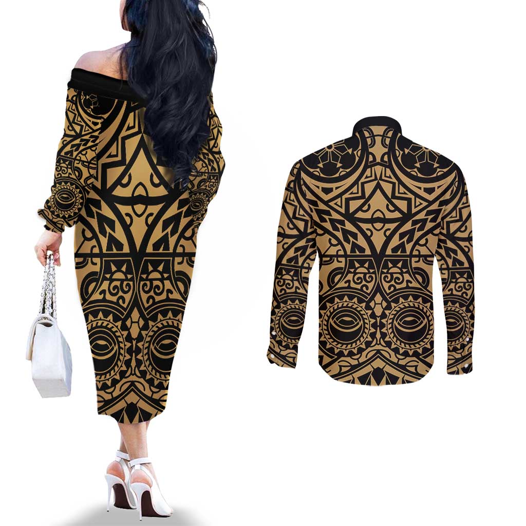 Austral Islands Couples Matching Off The Shoulder Long Sleeve Dress and Long Sleeve Button Shirt Tuhaa Pae Penu Stars Necklace Gold - Polynesian Pride