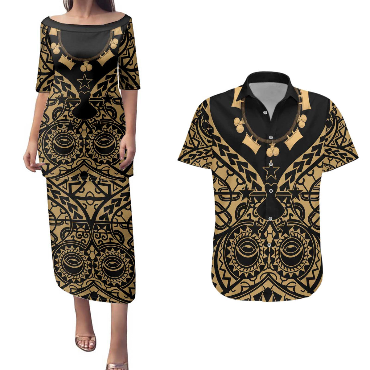 Austral Islands Couples Matching Puletasi and Hawaiian Shirt Tuhaa Pae Penu Stars Necklace Gold - Polynesian Pride