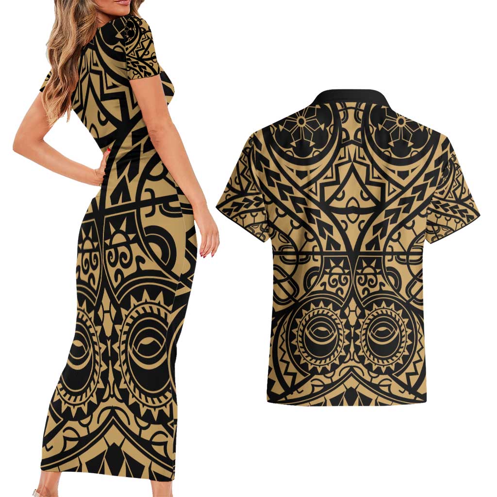 Austral Islands Couples Matching Short Sleeve Bodycon Dress and Hawaiian Shirt Tuhaa Pae Penu Stars Necklace Gold LT14 - Polynesian Pride
