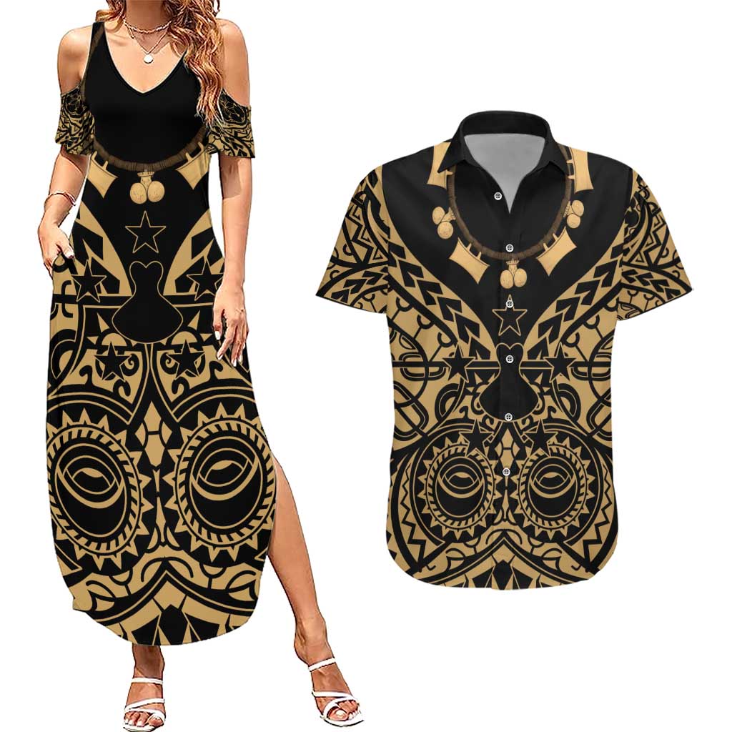 Austral Islands Couples Matching Summer Maxi Dress and Hawaiian Shirt Tuhaa Pae Penu Stars Necklace Gold - Polynesian Pride