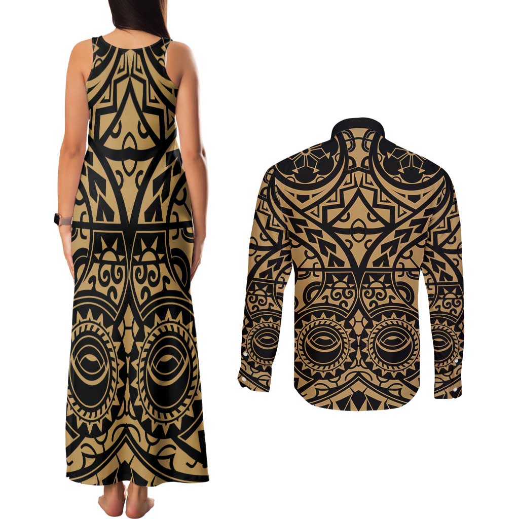 Austral Islands Couples Matching Tank Maxi Dress and Long Sleeve Button Shirt Tuhaa Pae Penu Stars Necklace Gold - Polynesian Pride