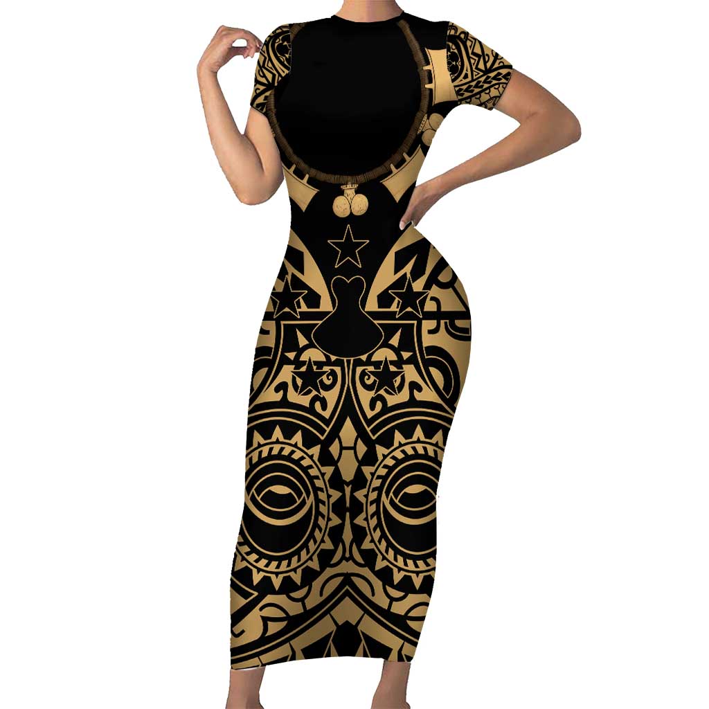 Austral Islands Short Sleeve Bodycon Dress Tuhaa Pae Penu Stars Necklace Gold - Polynesian Pride