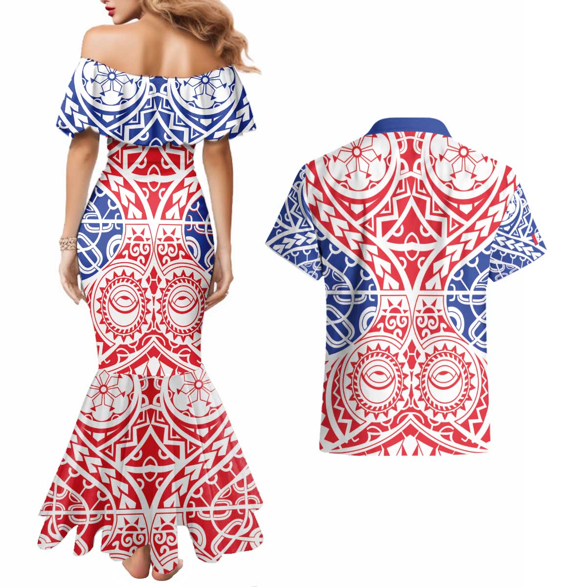 Austral Islands Couples Matching Mermaid Dress and Hawaiian Shirt Tuhaa Pae Penu Stars Necklace Red LT14 - Polynesian Pride