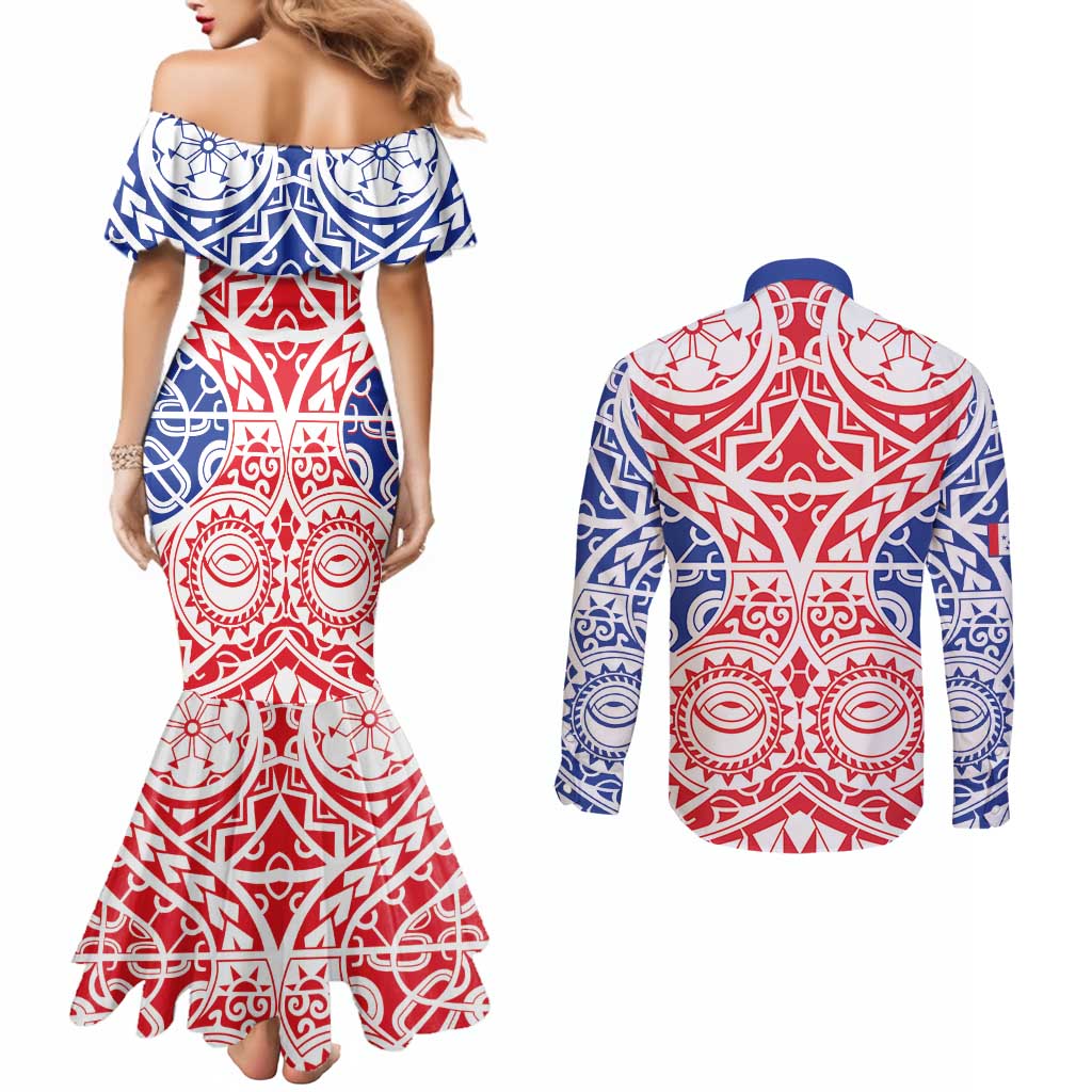 Austral Islands Couples Matching Mermaid Dress and Long Sleeve Button Shirt Tuhaa Pae Penu Stars Necklace Red - Polynesian Pride