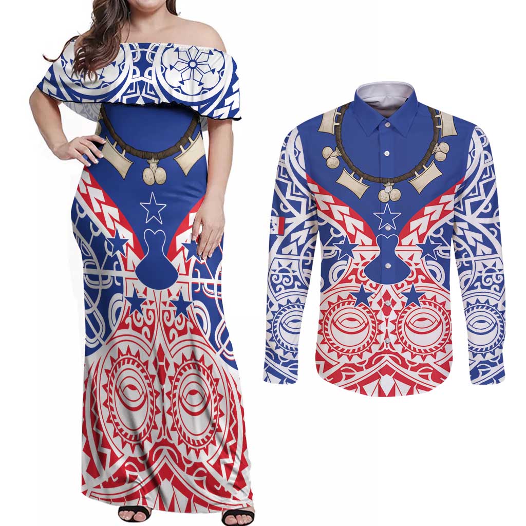 Austral Islands Couples Matching Off Shoulder Maxi Dress and Long Sleeve Button Shirt Tuhaa Pae Penu Stars Necklace Red - Polynesian Pride