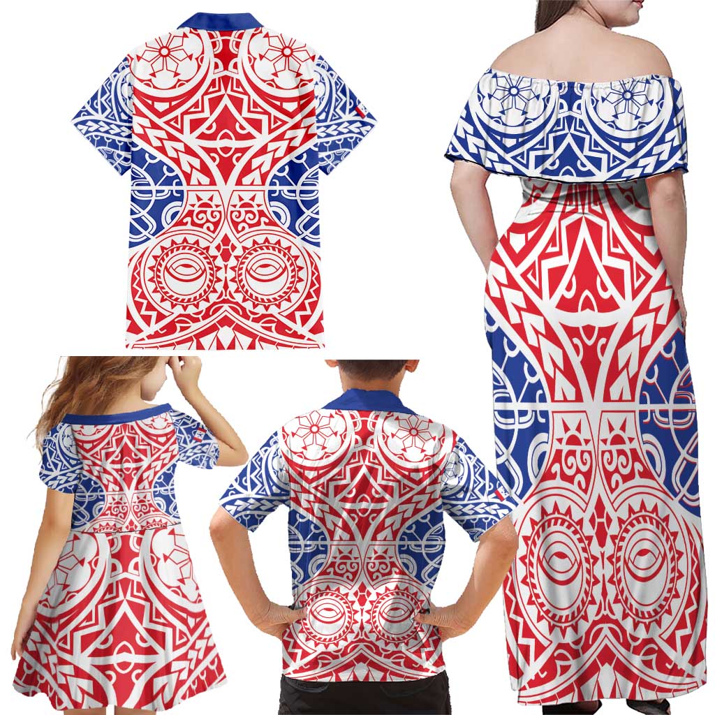 Austral Islands Family Matching Off Shoulder Maxi Dress and Hawaiian Shirt Tuhaa Pae Penu Stars Necklace Red - Polynesian Pride