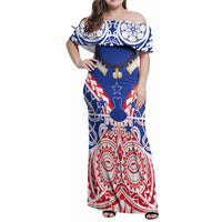 Austral Islands Family Matching Off Shoulder Maxi Dress and Hawaiian Shirt Tuhaa Pae Penu Stars Necklace Red - Polynesian Pride