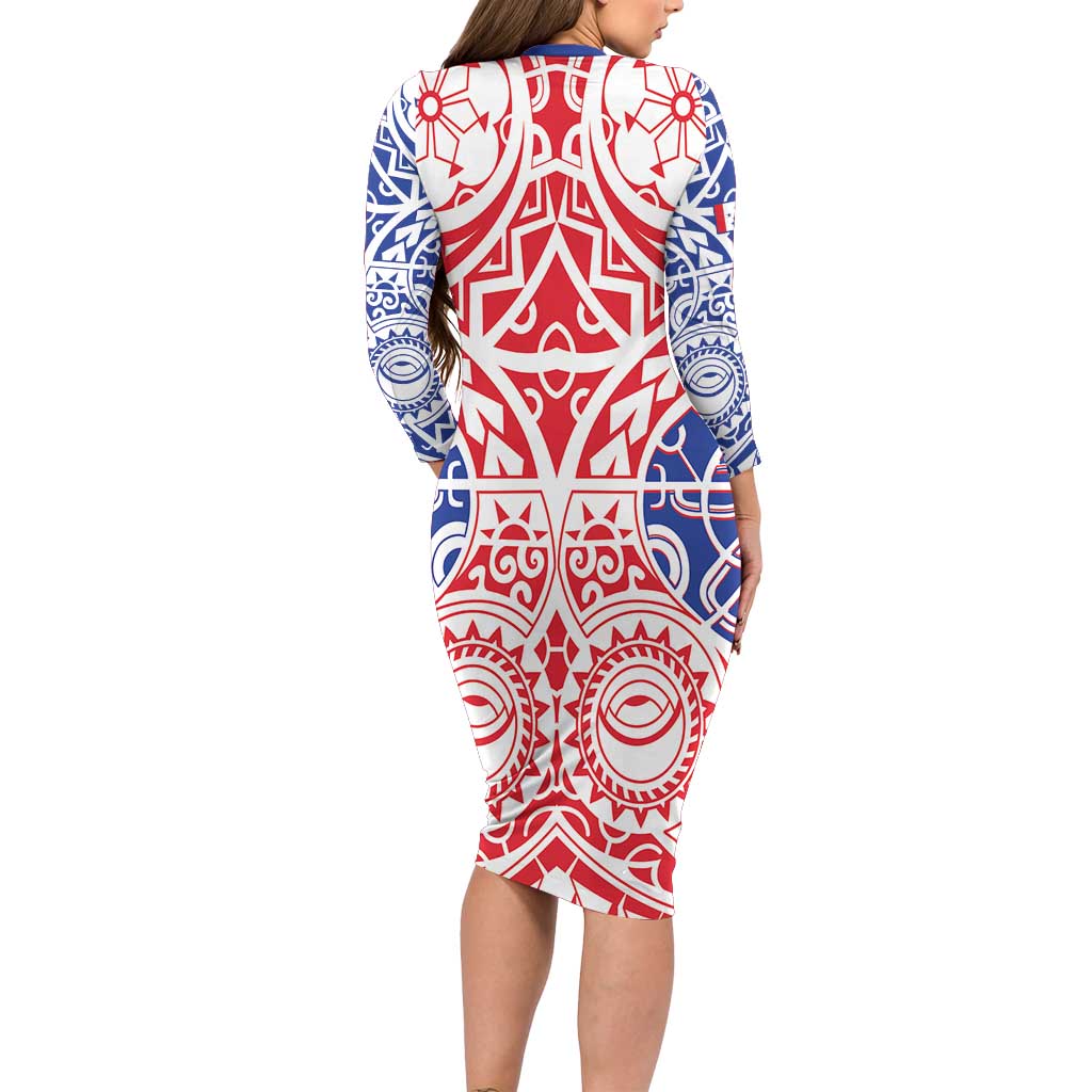 Austral Islands Long Sleeve Bodycon Dress Tuhaa Pae Penu Stars Necklace Red - Polynesian Pride