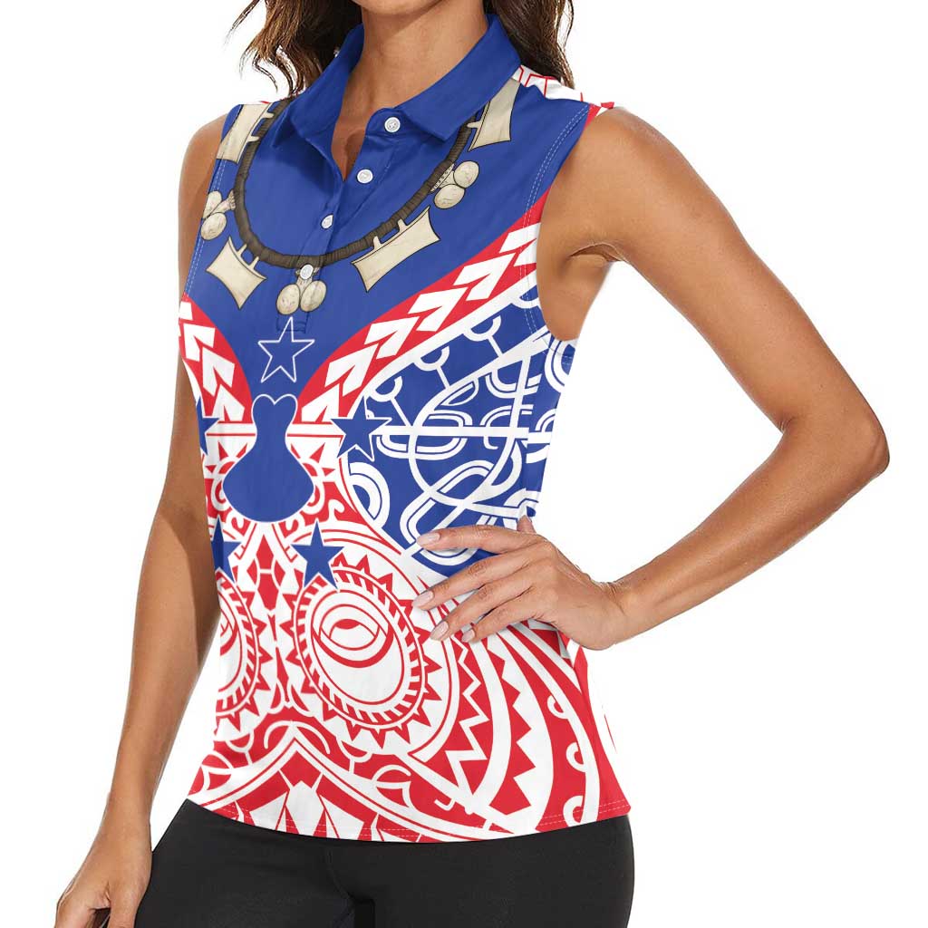 Austral Islands Women Sleeveless Polo Shirt Tuhaa Pae Penu Stars Necklace Red - Polynesian Pride