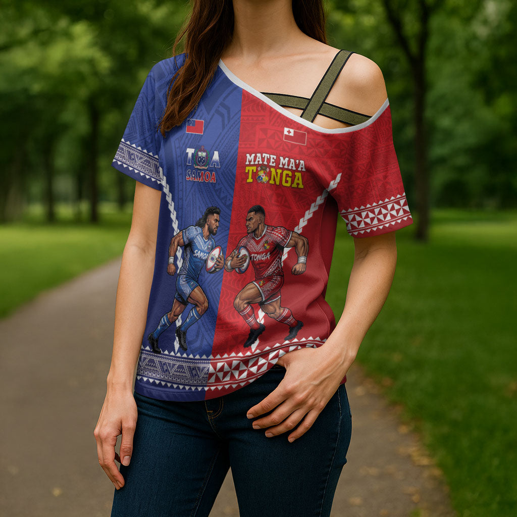 Toa Samoa Mate Ma'a Tonga Rugby Together Custom Cross Shoulder Shirt LT14 - Polynesian Pride