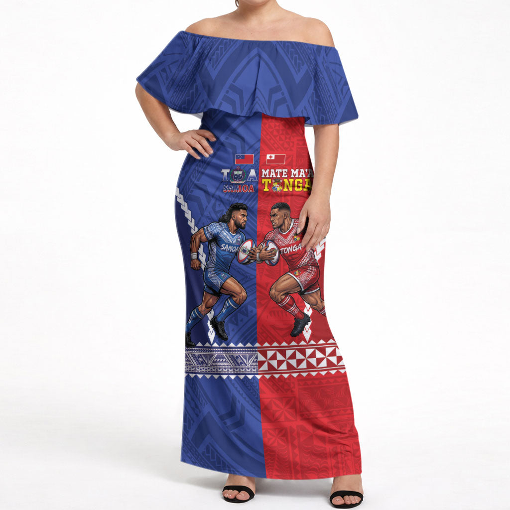 Toa Samoa Mate Ma'a Tonga Rugby Together Custom Off Shoulder Maxi Dress LT14 Women Multicolor - Polynesian Pride