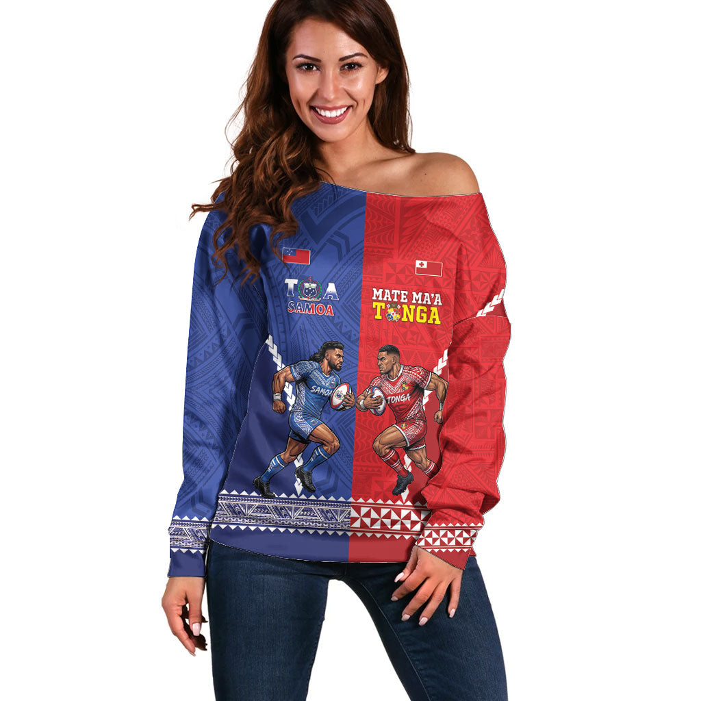 Toa Samoa Mate Ma'a Tonga Rugby Together Custom Off Shoulder Sweater LT14 Women Multicolor - Polynesian Pride