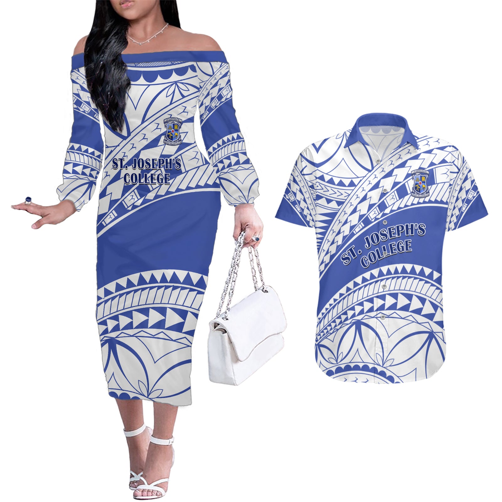 Personalised Samoa St Josephs College Couples Matching Off The Shoulder Long Sleeve Dress and Hawaiian Shirt Marist Brothers Samoan Pattern LT14 Blue - Polynesian Pride