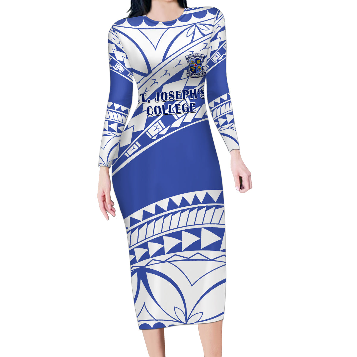 Personalised Samoa St Josephs College Family Matching Long Sleeve Bodycon Dress and Hawaiian Shirt Marist Brothers Samoan Pattern LT14 Mom's Dress Blue - Polynesian Pride