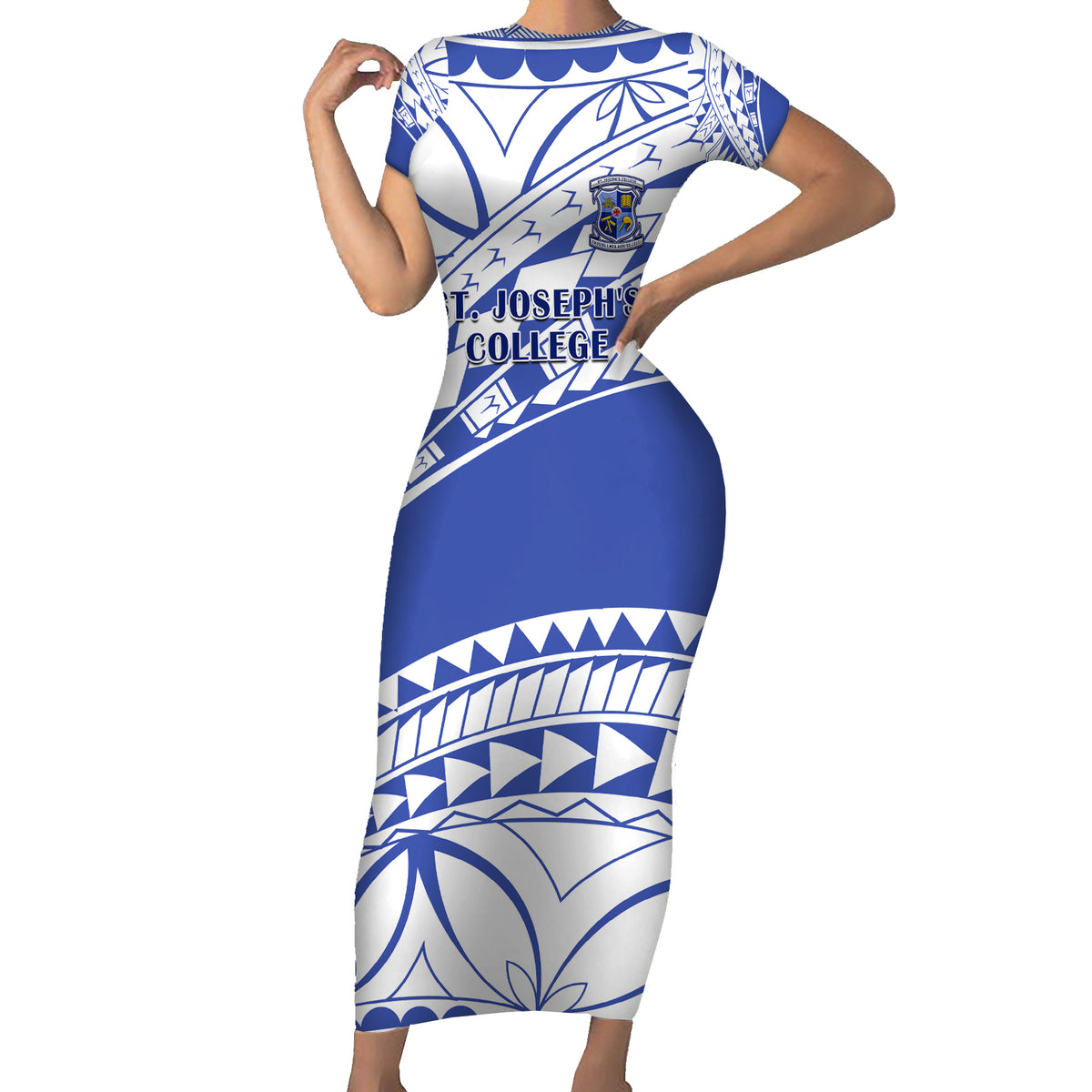 Personalised Samoa St Josephs College Short Sleeve Bodycon Dress Marist Brothers Samoan Pattern LT14 Long Dress Blue - Polynesian Pride