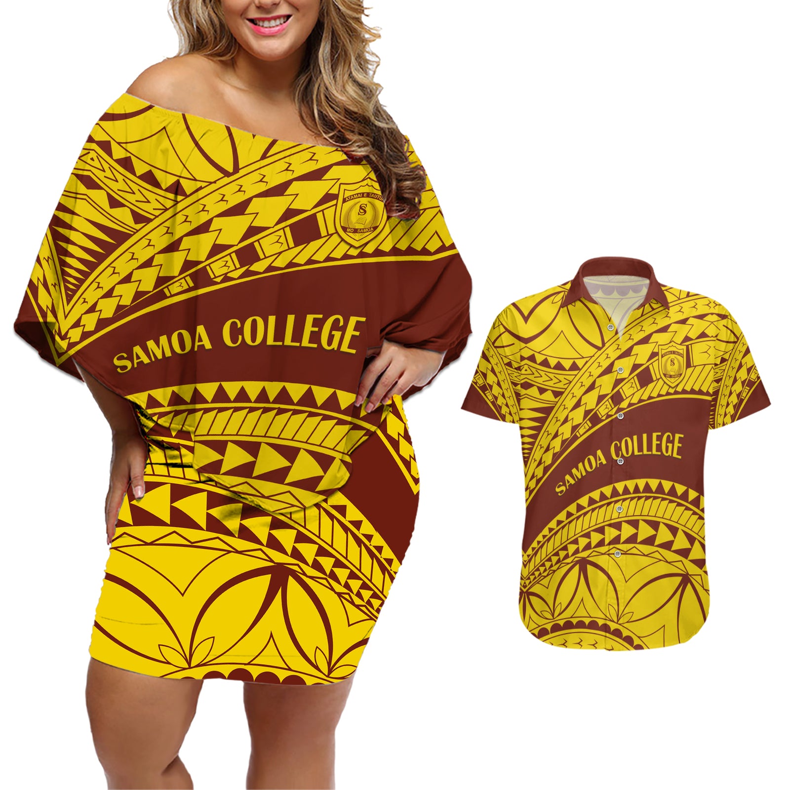 Personalised Samoa College Couples Matching Off Shoulder Short Dress and Hawaiian Shirt Samoan Pattern LT14 Gold - Polynesian Pride