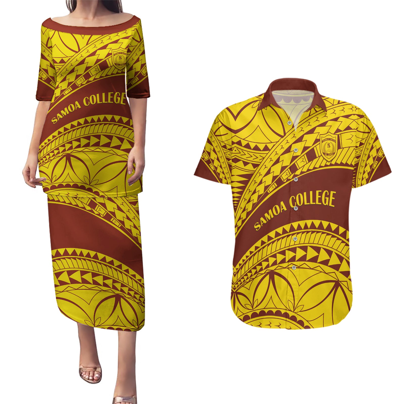 Personalised Samoa College Couples Matching Puletasi Dress and Hawaiian Shirt Samoan Pattern LT14 Gold - Polynesian Pride