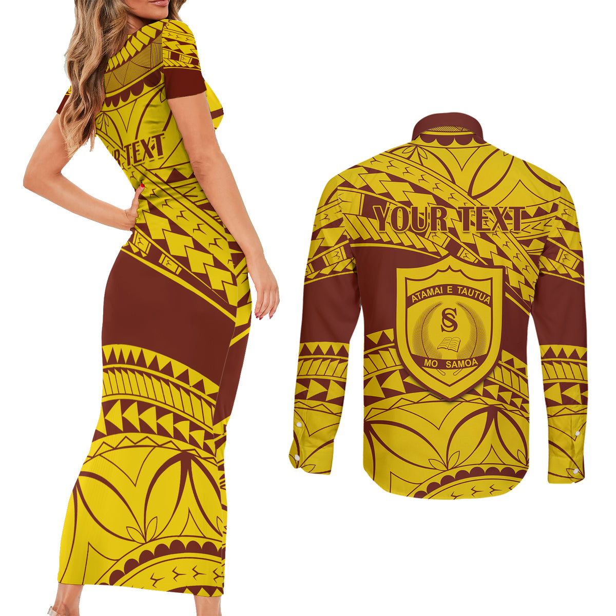Personalised Samoa College Couples Matching Short Sleeve Bodycon Dress and Long Sleeve Button Shirt Samoan Pattern LT14 - Polynesian Pride