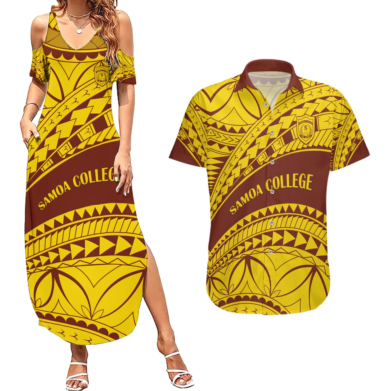 Personalised Samoa College Couples Matching Summer Maxi Dress and Hawaiian Shirt Samoan Pattern LT14 Gold - Polynesian Pride
