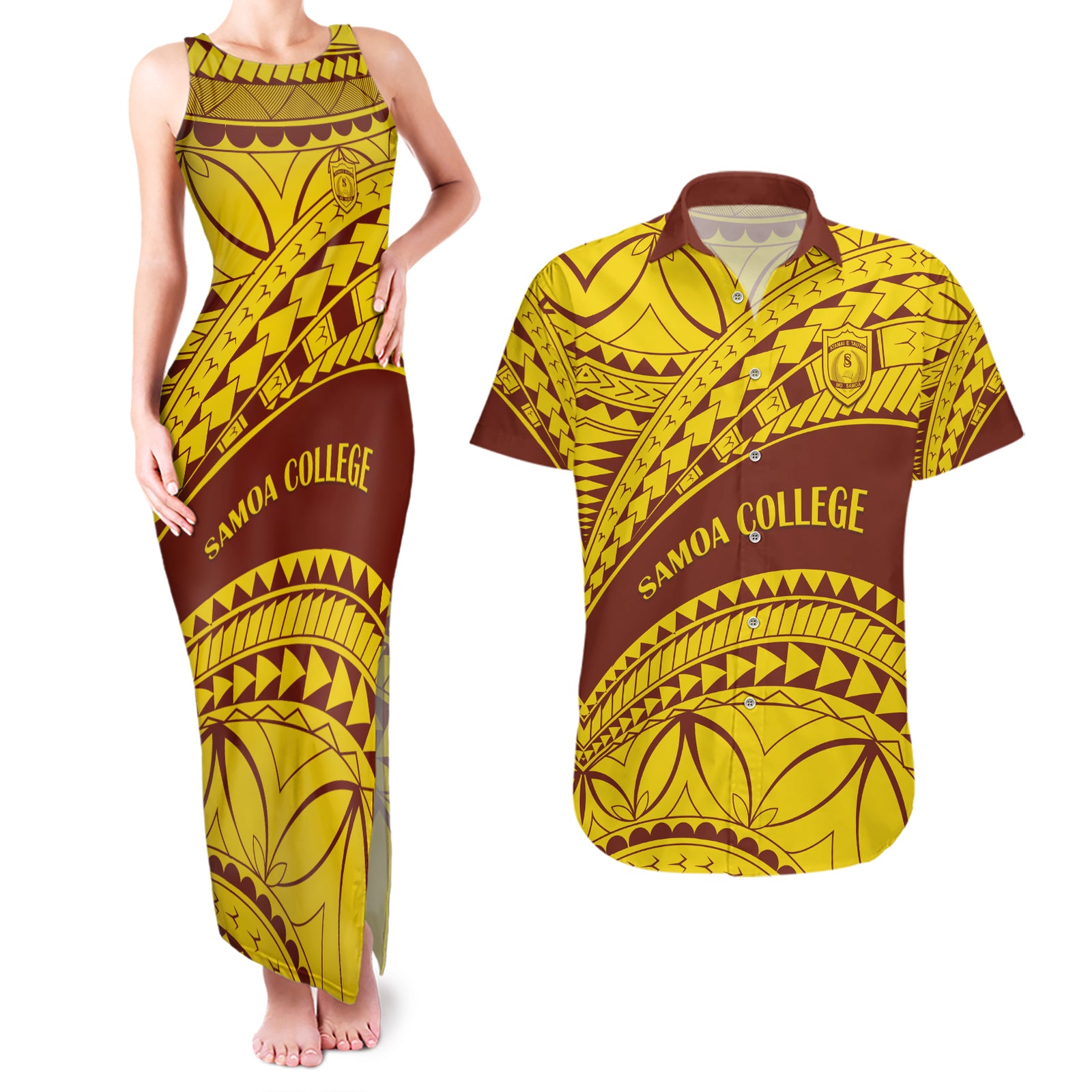 Personalised Samoa College Couples Matching Tank Maxi Dress and Hawaiian Shirt Samoan Pattern LT14 Gold - Polynesian Pride