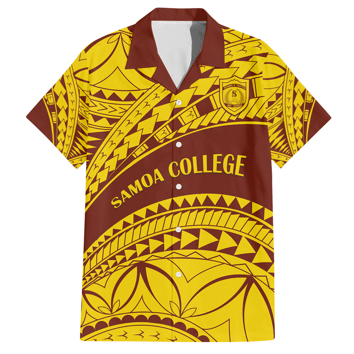 Personalised Samoa College Family Matching Off Shoulder Short Dress and Hawaiian Shirt Samoan Pattern LT14 Dad's Shirt - Short Sleeve Gold - Polynesian Pride