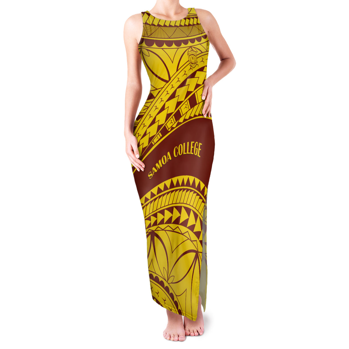 Personalised Samoa College Family Matching Tank Maxi Dress and Hawaiian Shirt Samoan Pattern LT14 Mom's Dress Gold - Polynesian Pride