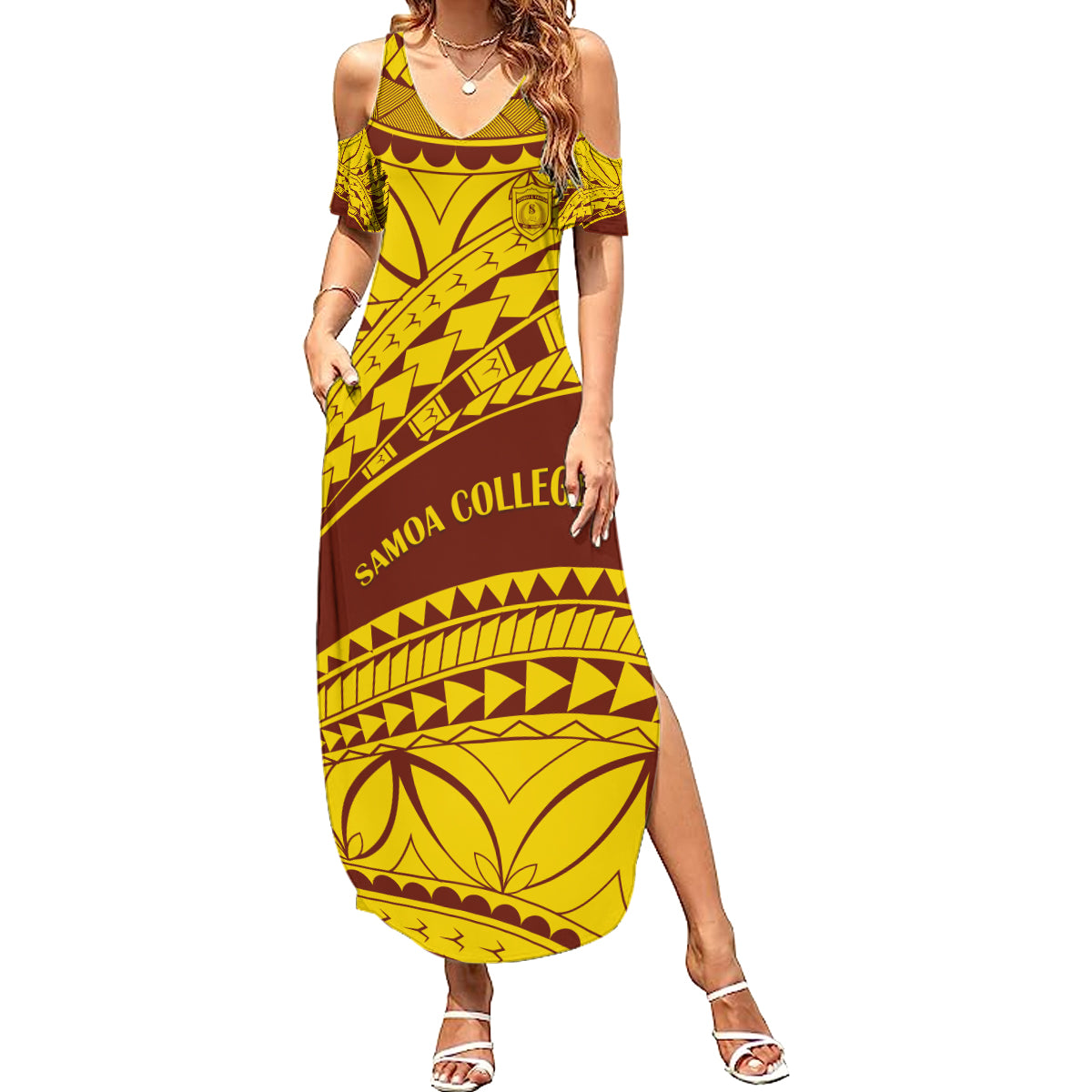 Personalised Samoa College Summer Maxi Dress Samoan Pattern LT14 Women Gold - Polynesian Pride