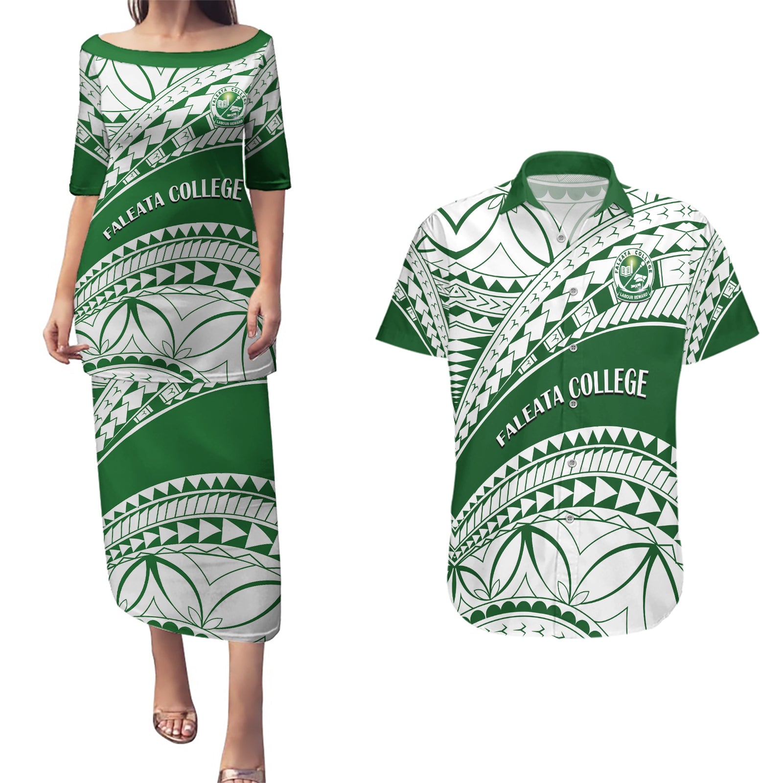 Personalised Samoa Faleata College Couples Matching Puletasi Dress and Hawaiian Shirt Samoan Pattern LT14 Green - Polynesian Pride