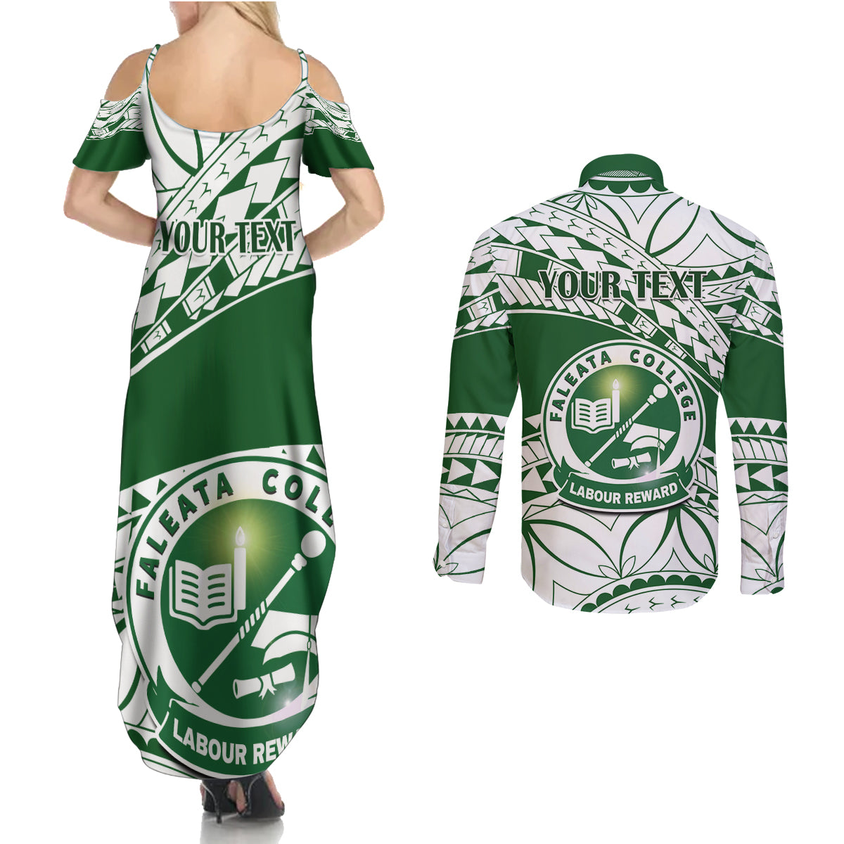 Personalised Samoa Faleata College Couples Matching Summer Maxi Dress and Long Sleeve Button Shirt Samoan Pattern LT14 - Polynesian Pride
