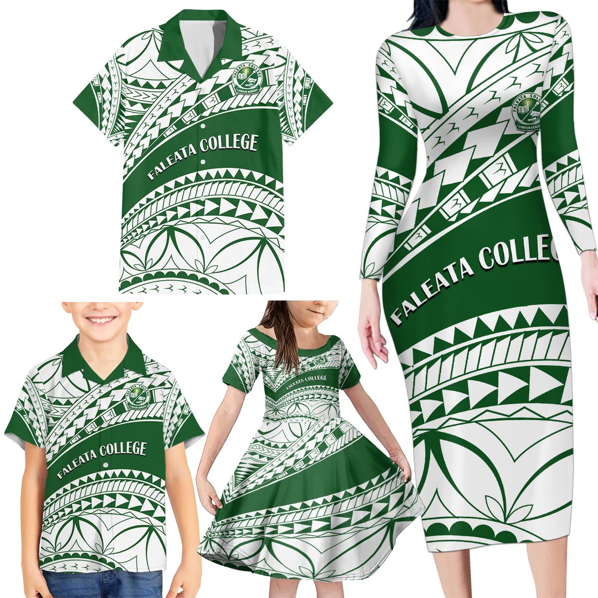 Personalised Samoa Faleata College Family Matching Long Sleeve Bodycon Dress and Hawaiian Shirt Samoan Pattern LT14 - Polynesian Pride