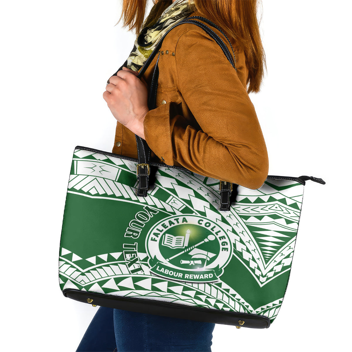 Personalised Samoa Faleata College Leather Tote Bag Samoan Pattern LT14 Green - Polynesian Pride