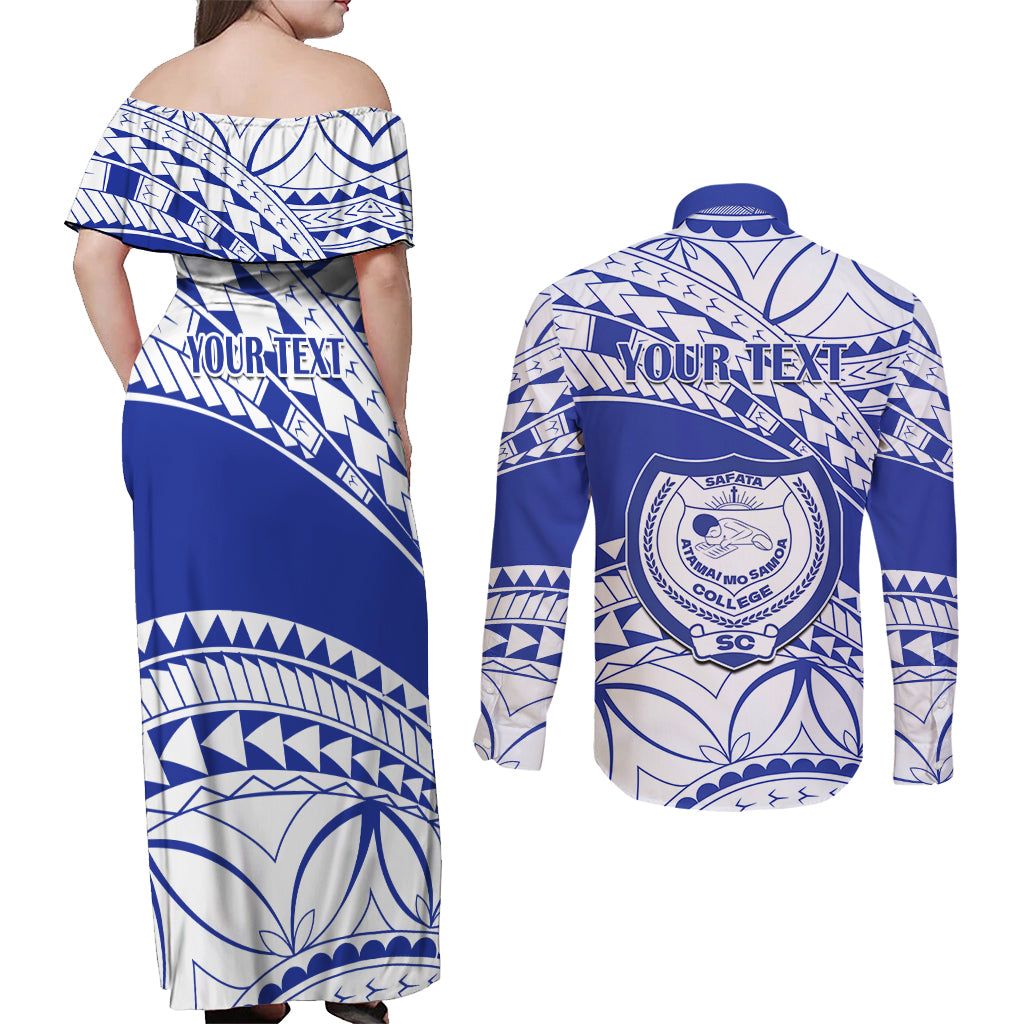 Personalised Samoa Safata College Couples Matching Off Shoulder Maxi Dress and Long Sleeve Button Shirt Samoan Pattern LT14 - Polynesian Pride