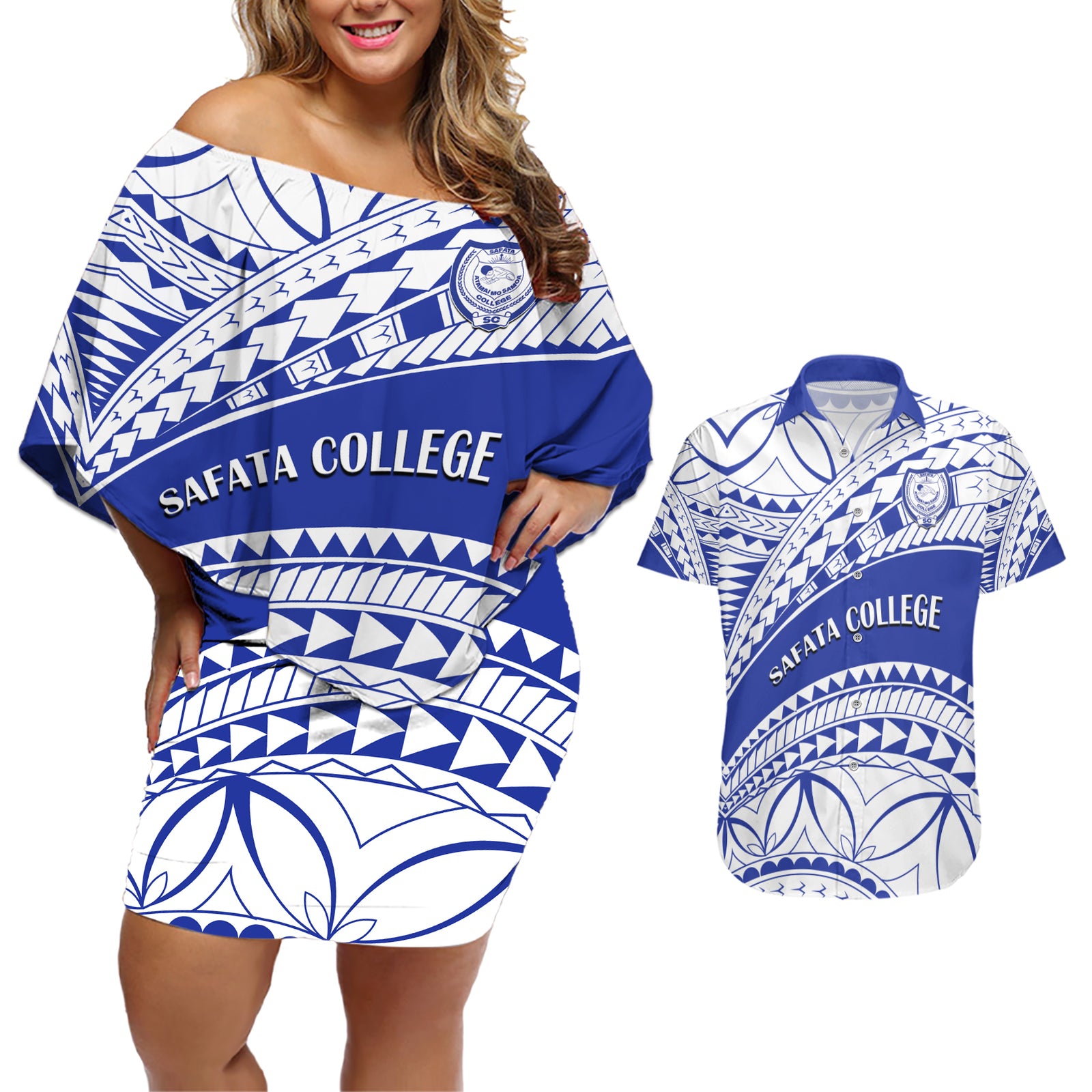 Personalised Samoa Safata College Couples Matching Off Shoulder Short Dress and Hawaiian Shirt Samoan Pattern LT14 Blue - Polynesian Pride