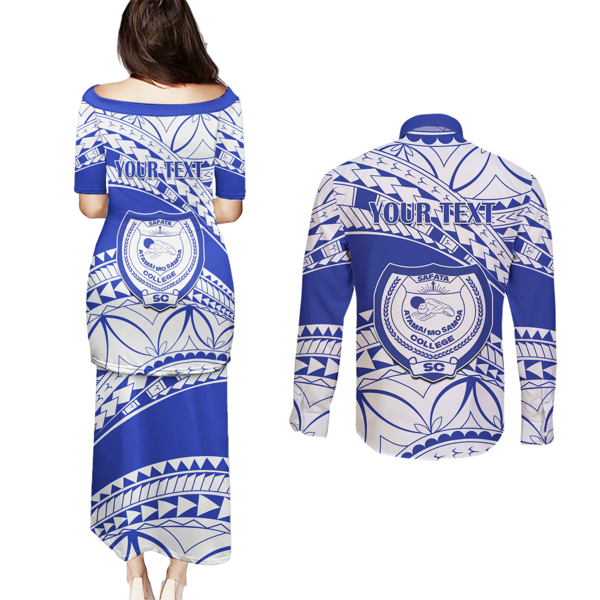 Personalised Samoa Safata College Couples Matching Puletasi Dress and Long Sleeve Button Shirt Samoan Pattern LT14 - Polynesian Pride