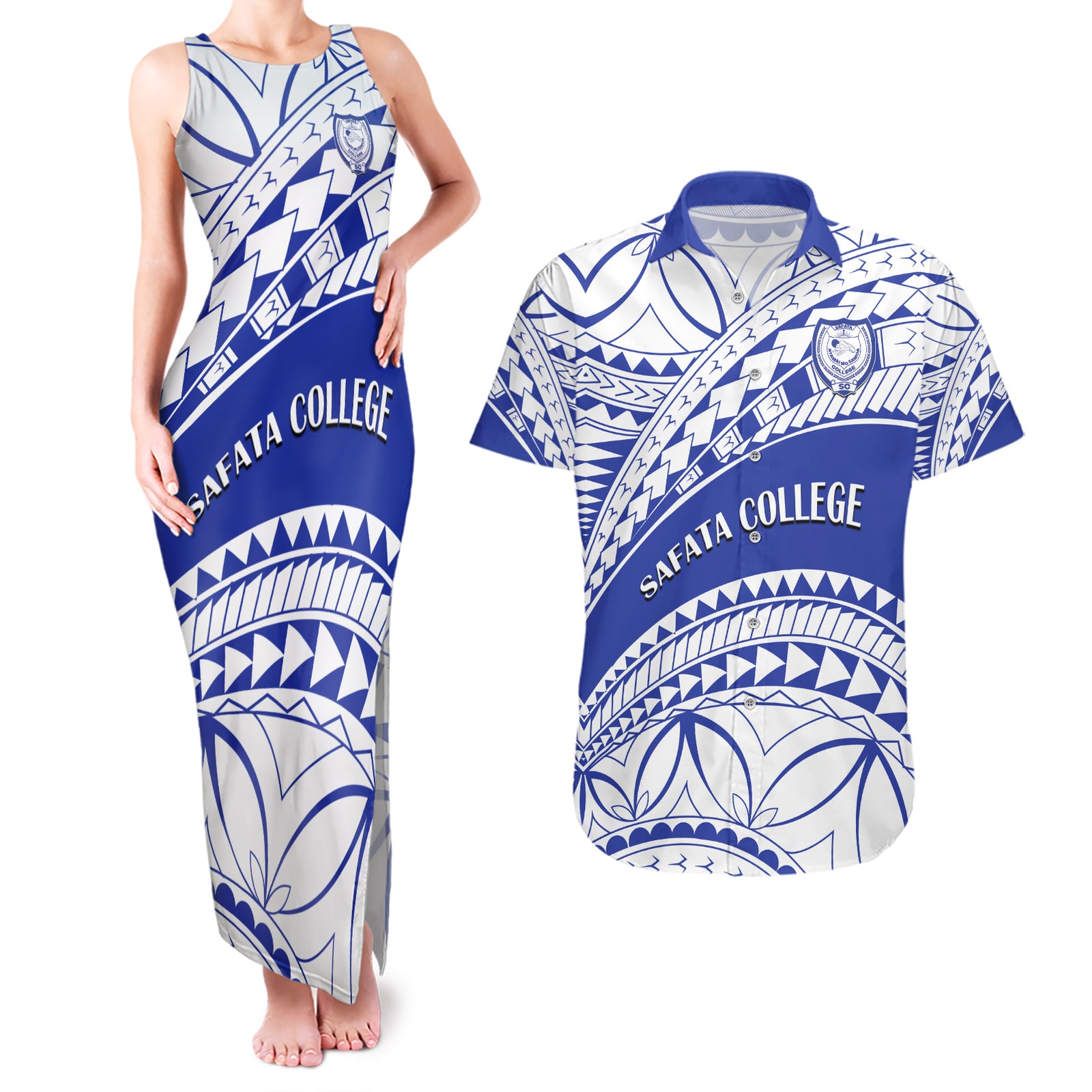 Personalised Samoa Safata College Couples Matching Tank Maxi Dress and Hawaiian Shirt Samoan Pattern LT14 Blue - Polynesian Pride
