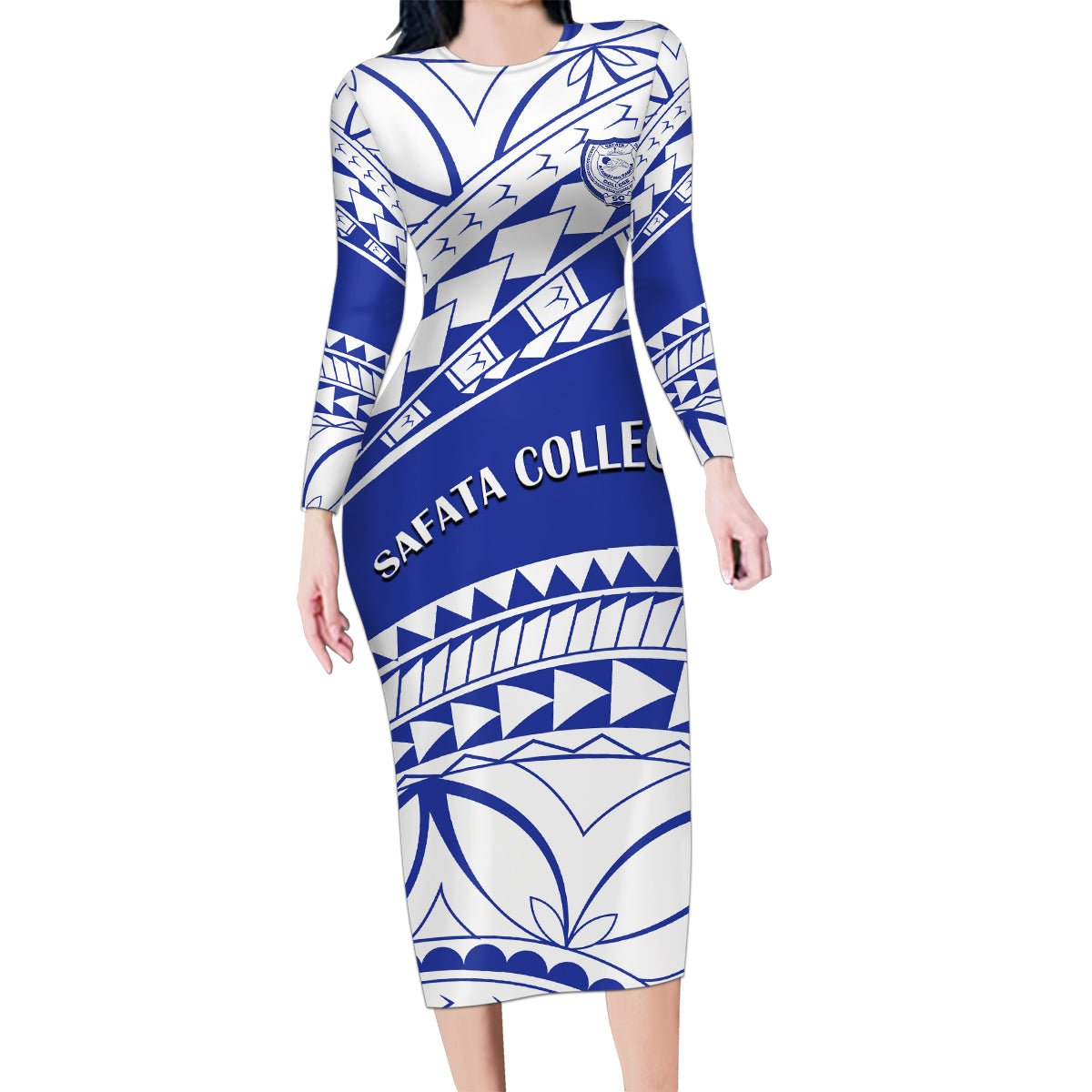Personalised Samoa Safata College Family Matching Long Sleeve Bodycon Dress and Hawaiian Shirt Samoan Pattern LT14 Mom's Dress Blue - Polynesian Pride