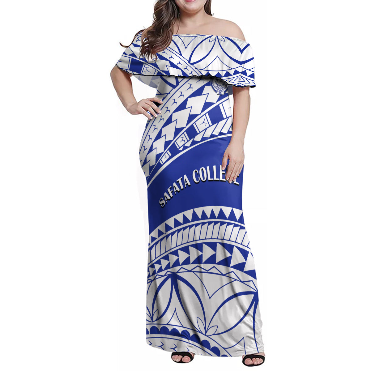Personalised Samoa Safata College Family Matching Off Shoulder Maxi Dress and Hawaiian Shirt Samoan Pattern LT14 Mom's Dress Blue - Polynesian Pride