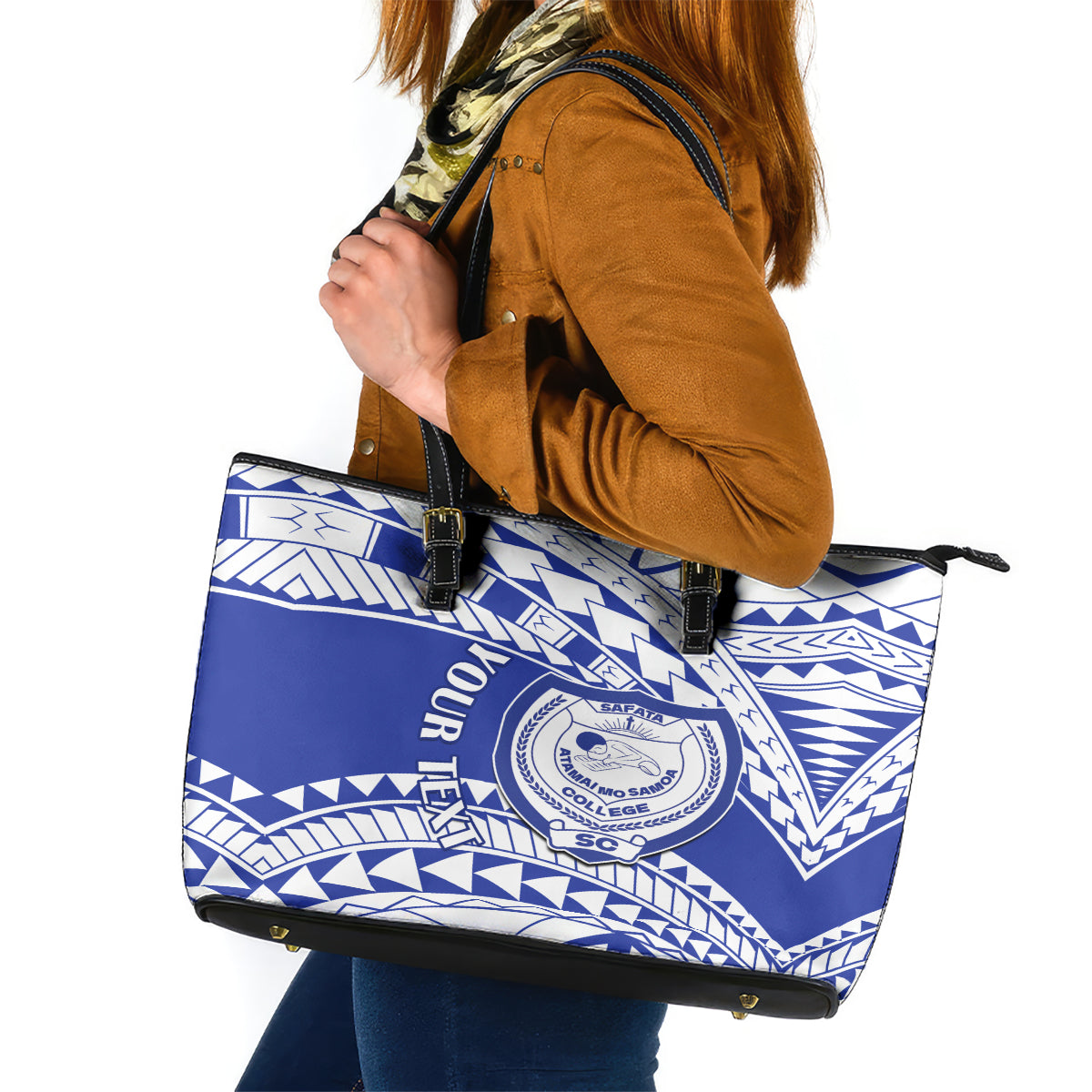 Personalised Samoa Safata College Leather Tote Bag Samoan Pattern LT14 Blue - Polynesian Pride