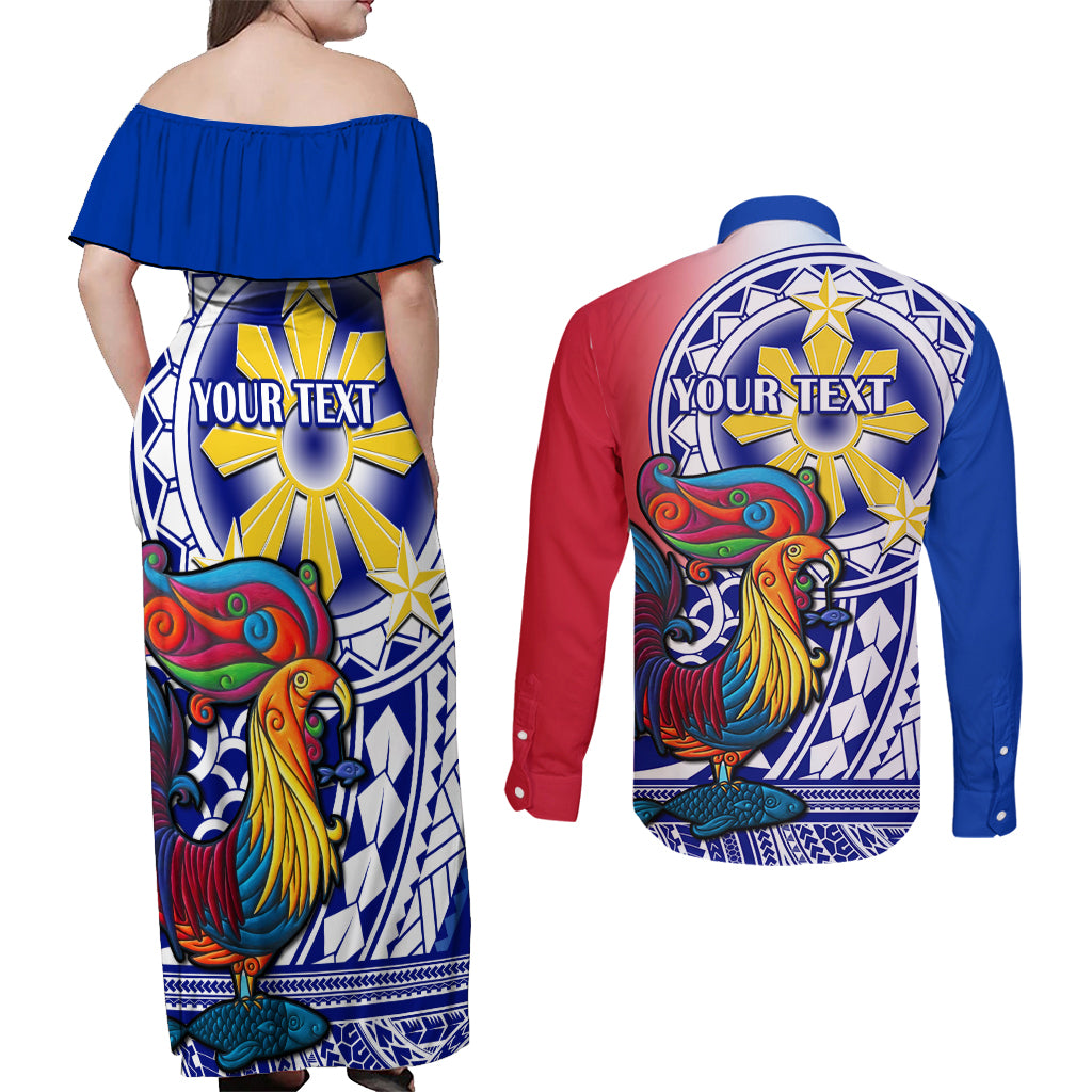 Personalised Philippines Couples Matching Off Shoulder Maxi Dress and Long Sleeve Button Shirt Filipino Sarimanok With Polynesian Tattoo LT14 - Polynesian Pride