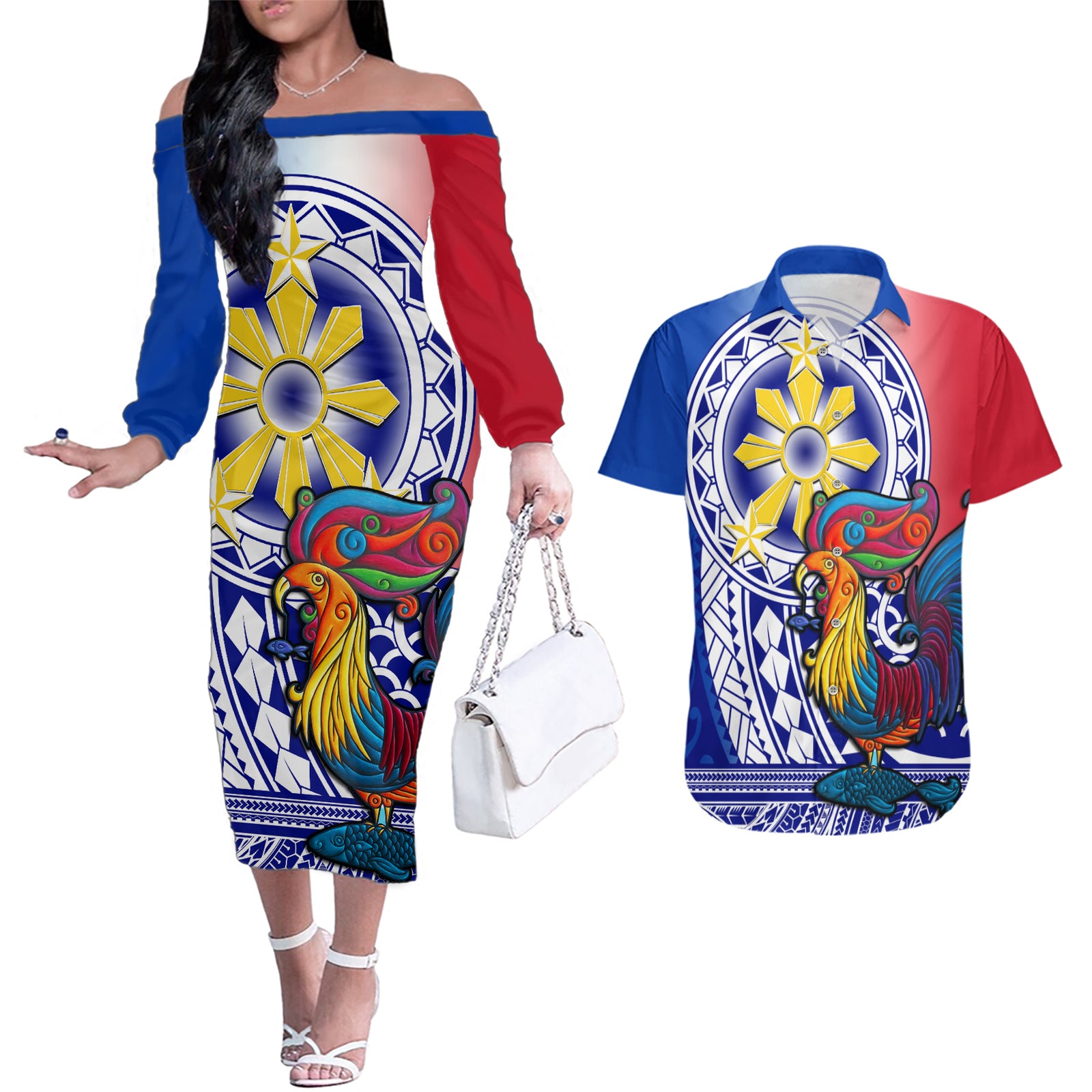 Personalised Philippines Couples Matching Off The Shoulder Long Sleeve Dress and Hawaiian Shirt Filipino Sarimanok With Polynesian Tattoo LT14 Blue - Polynesian Pride