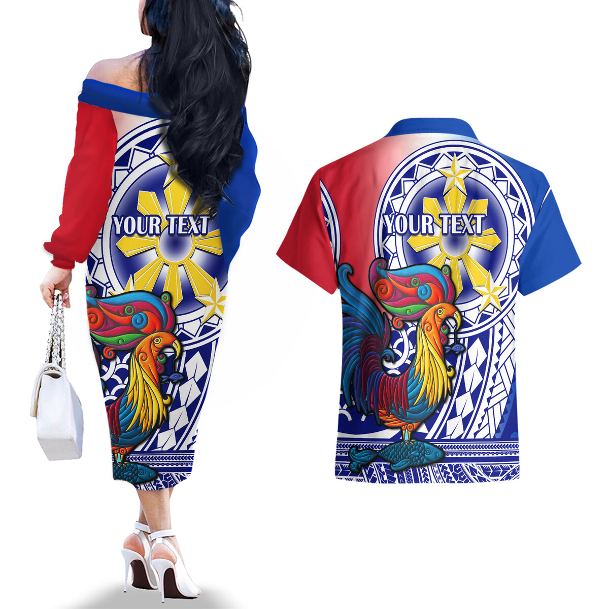 Personalised Philippines Couples Matching Off The Shoulder Long Sleeve Dress and Hawaiian Shirt Filipino Sarimanok With Polynesian Tattoo LT14 - Polynesian Pride